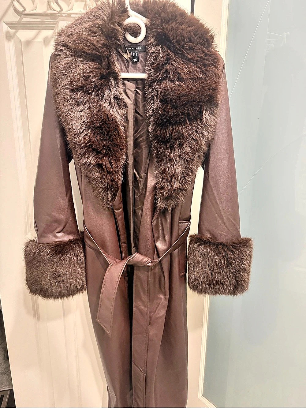 New Look Brown Faux Fur Trim Long Coat